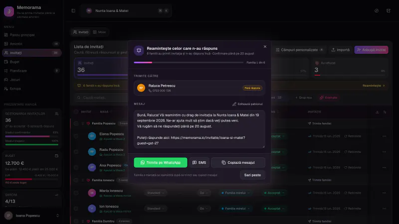 Reamintire cu linkul personal de invitație, gata de trimis pe WhatsApp