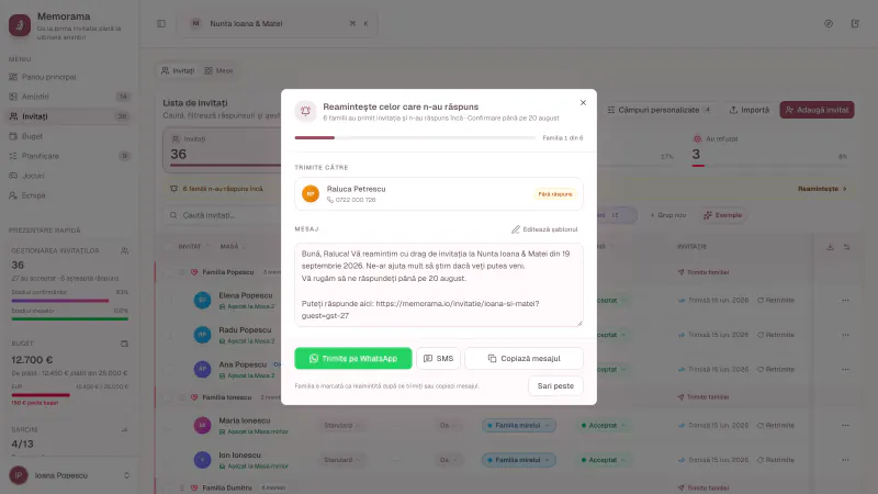 Reamintire cu linkul personal de invitație, gata de trimis pe WhatsApp